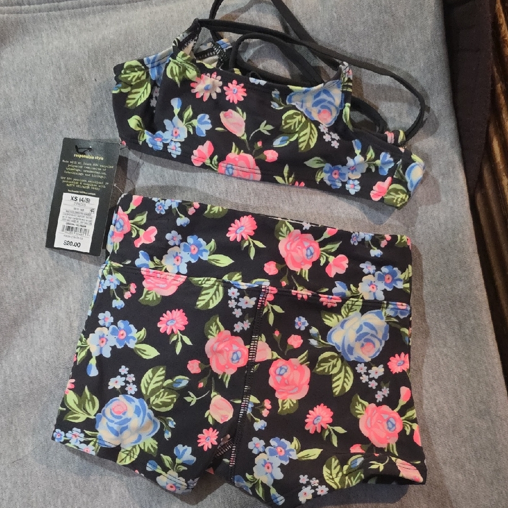 Art Class Floral Kids Swim Bikini - Black with Pink and Blue, YOU GET TWO SUITS